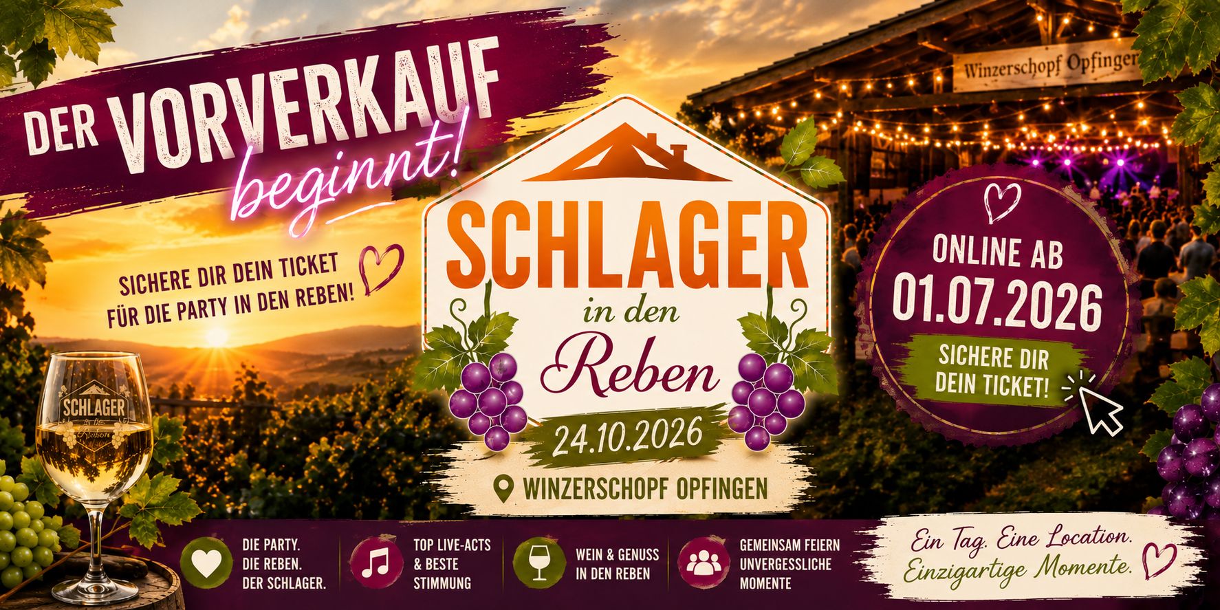 Der Vorverkauf für Schlager in den Reben 2.0 im Winzerschopf Freiburg Opfingen beginnt am 01.07.2026